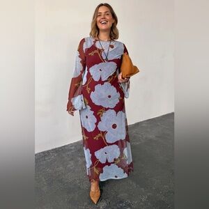 Never Fully Dressed Burgundy and Blue Floral Long Sleeve Dress
